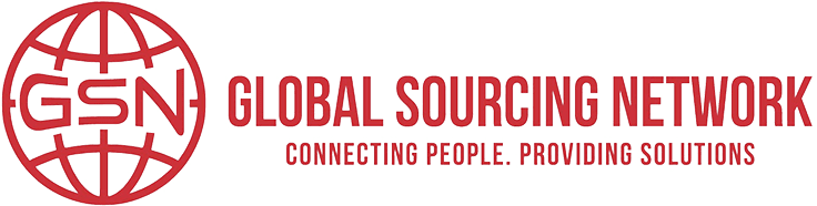 Logo of Global Sourcing Network featuring a red globe with the initials "GSN" inside and the text "Global Sourcing Network" alongside the tagline "Connecting People. Providing Solutions.